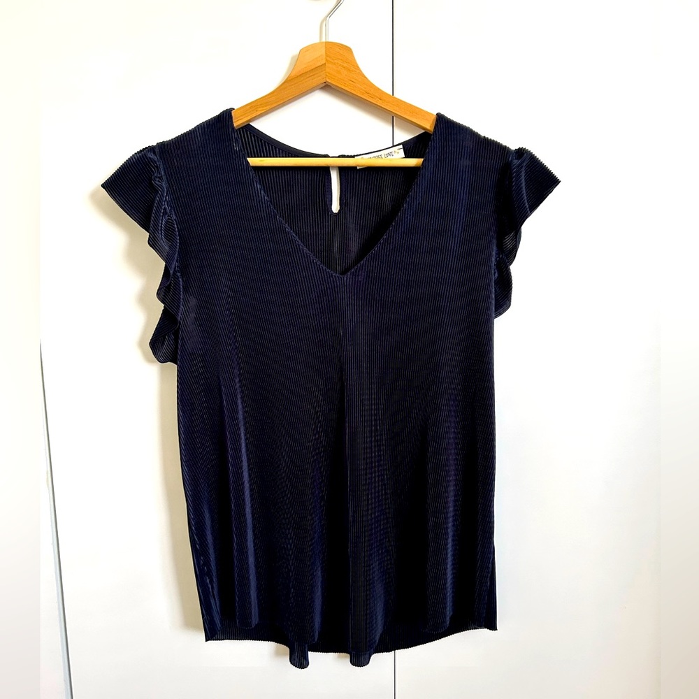 Parisian satin navy pleated frill sleeve top with keyhole back & golden button